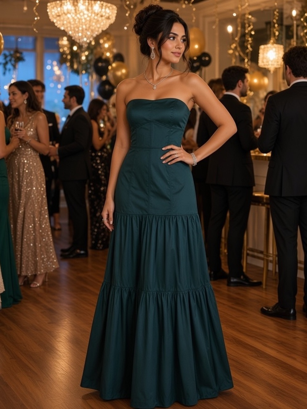 Zara Strapless Forest Green Tiered Maxi Dress